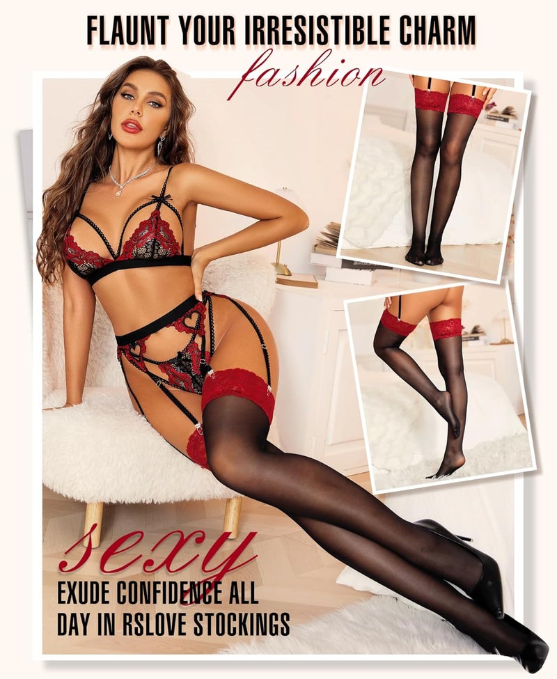 RSLOVE Lace Top Thigh High - Stockings for Women Sheer Stockings Antiskid Silicone Stay Up Pantyhose Sexy Lingerie for Women - Image 4
